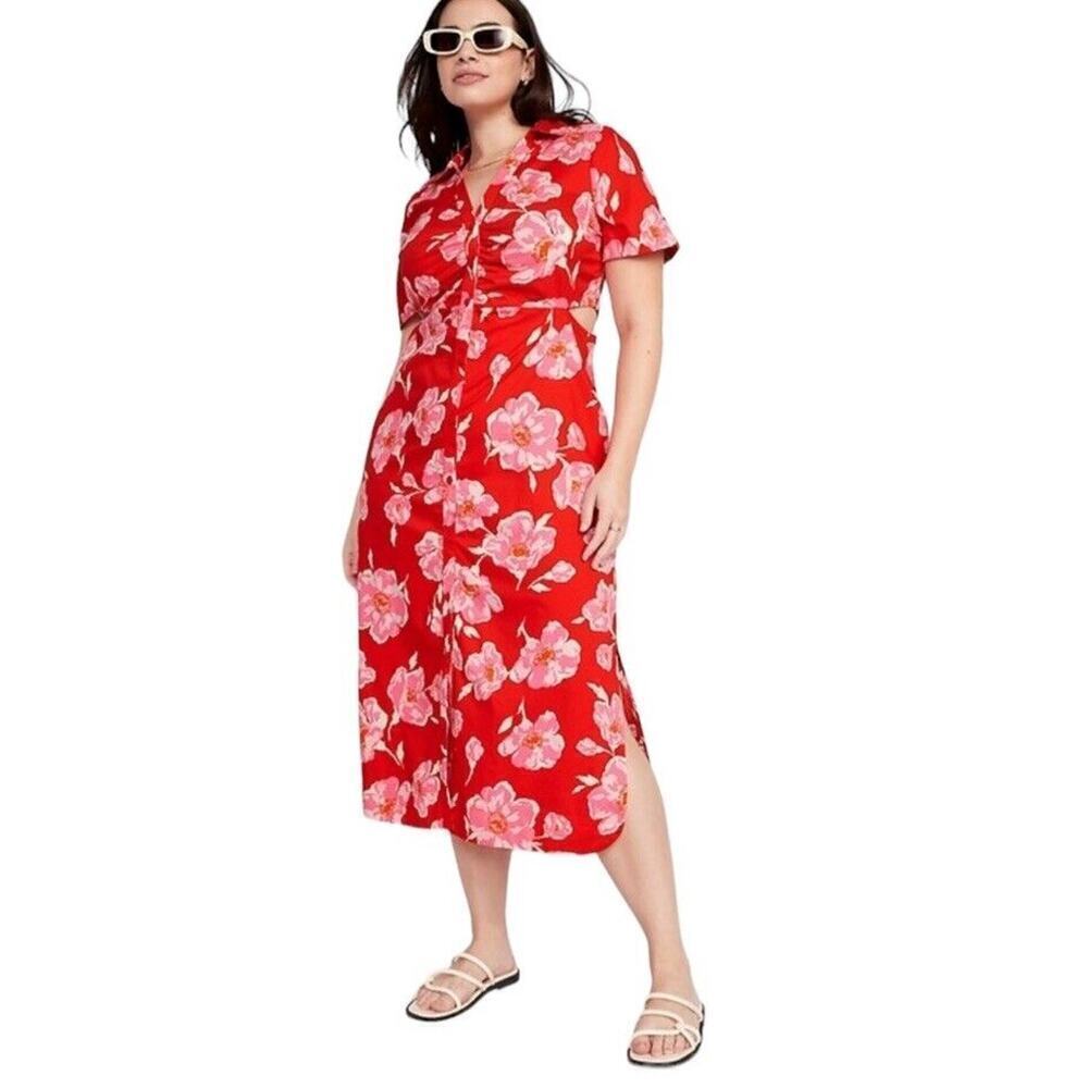 Old Navy Cutout Midi Shirt‎ Dress Women XL Red Floral Short Sleeve Button Collar - Picture 3 of 15